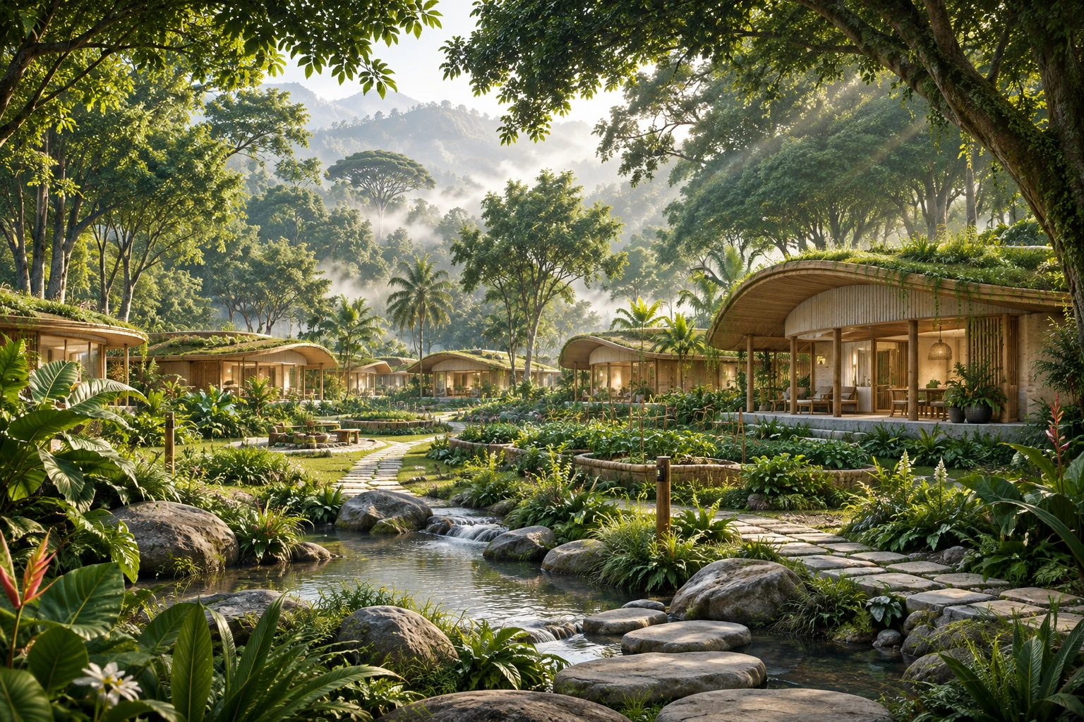 Conceptual regenerative village with timber pavilions, planted roofs, gardens, and a stream beneath a forest canopy